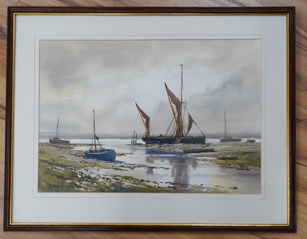 Keith Burtonshaw (1930-2008), watercolour, Estuary with fishing boats, 'Lowtide reflections', signed, 36 x 52cm. Condition - fair to good